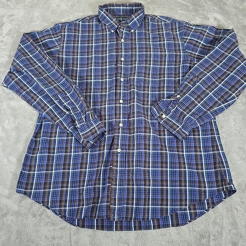 Vintage Ralph Lauren‎ Shirt Mens XL Blue Tartan Plaid Custom Fit  2 Ply Cotton